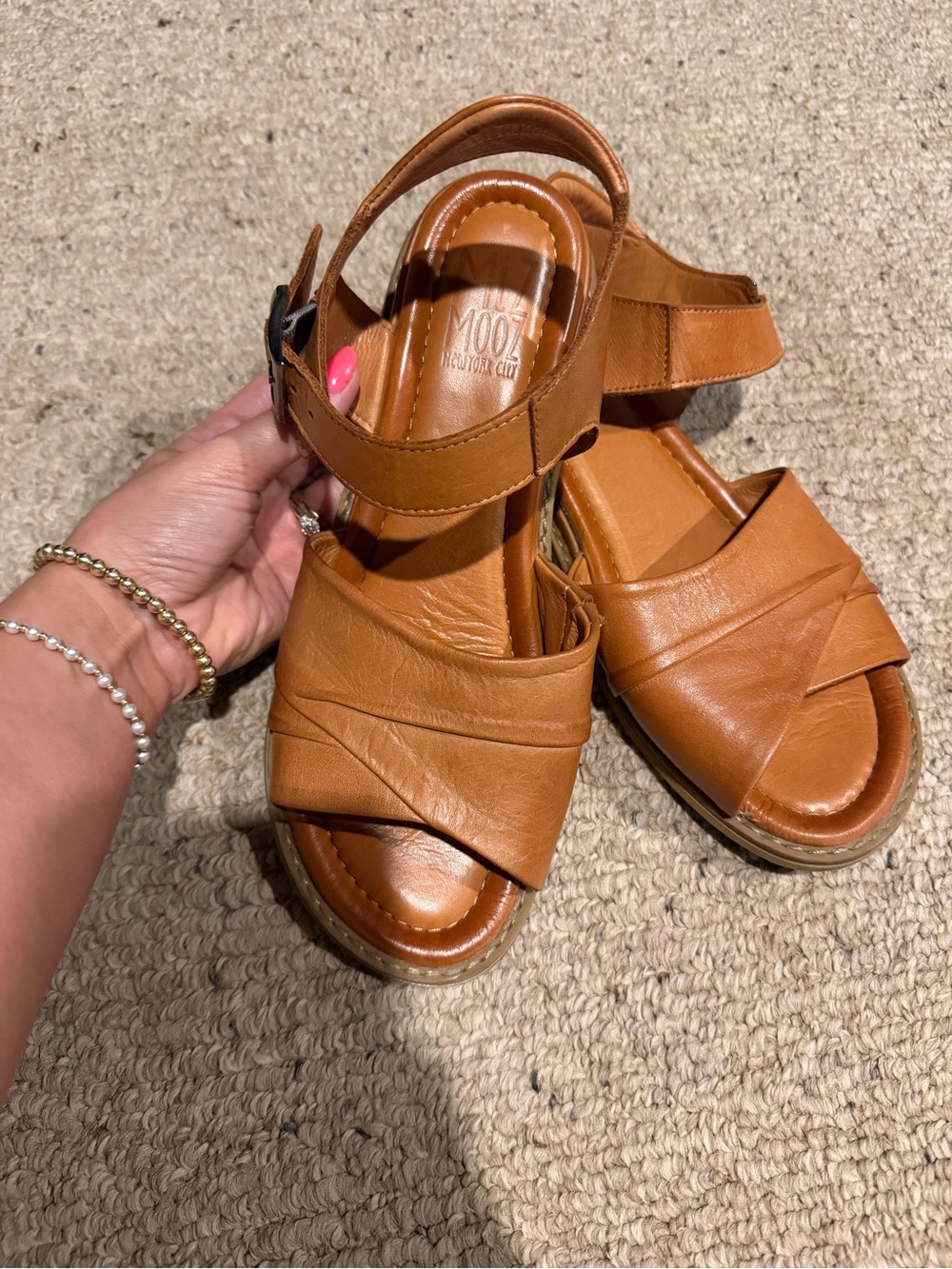Miz Mooz Tan Leather Crossover Wedge Sandals